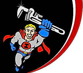 Animated super hero logo which was designed by the owner's wife, Jennifer, to resemble the owner, Aaron.  The super hero is flying toward the viewer with an outsretched arm, gripping a large plumbing wrench. The super hero has red cape and "I" in center of chest, with blue gloves and yellow hair