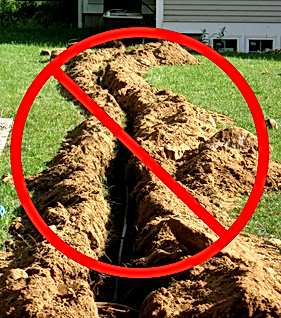 A traditional trenched waterline replacement is crossed out with the null symbol. Indicating that trenchless waterline replacement is the better cosmetic option.